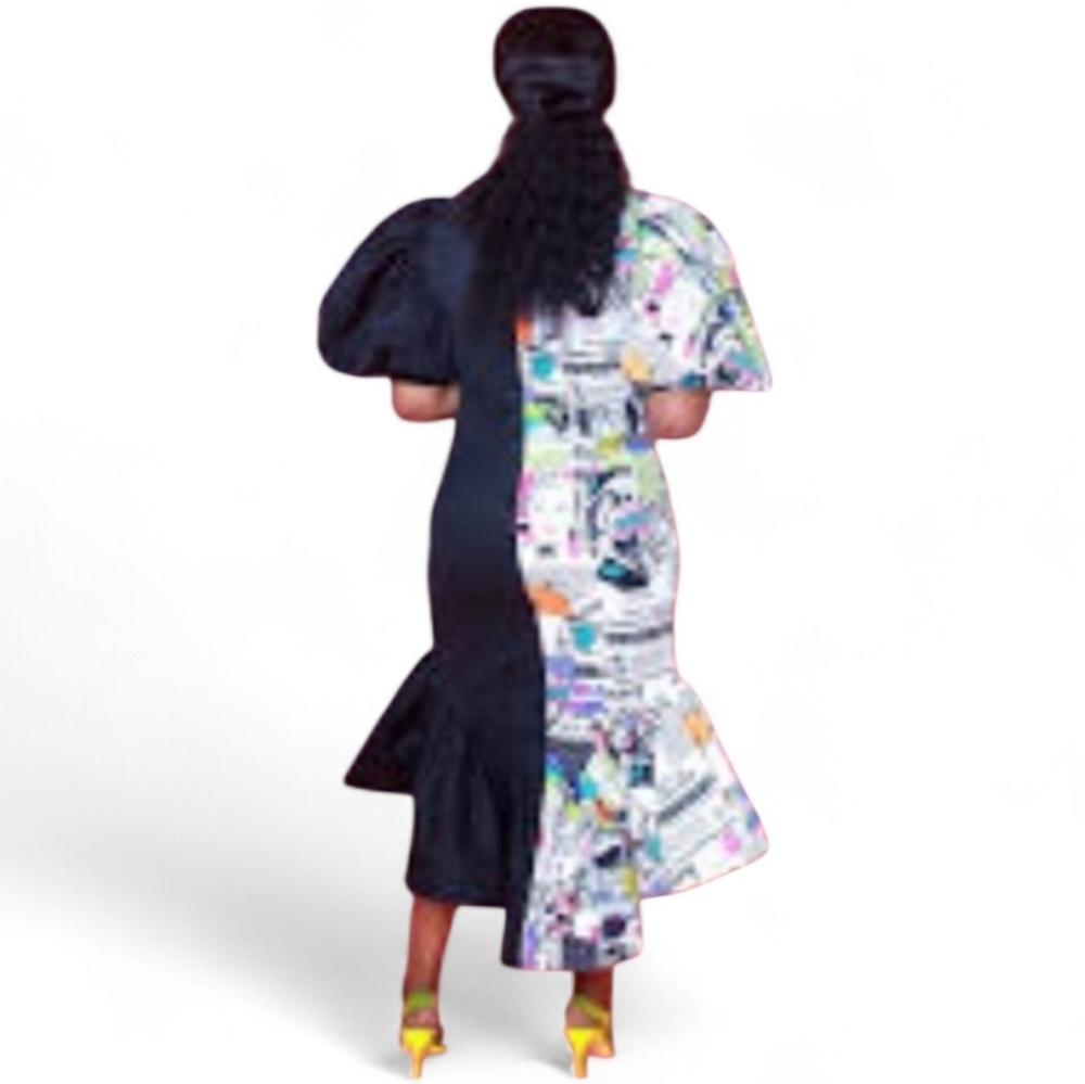 For Her NYC Womens Mixed Media Black White Puff Sleeve Comic Retro Dress. XL - Picture 2 of 9